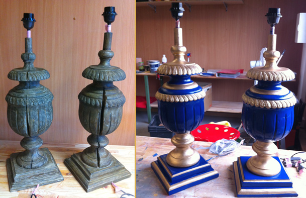 Restauration lampes bleues et Or. Patine bleu de Prusse
