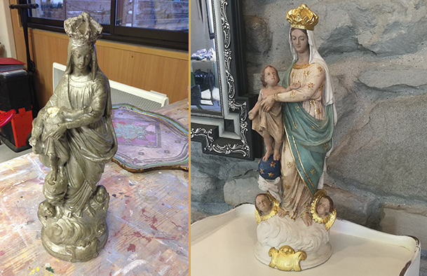 Décapage puis restauration et mise en Polychromie de cette Statue de Notre Dame Des Victoires.Pose de feuilles d’or.
