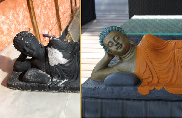 Bouddha Gris, Orange et Bronze (effets vert de gris) Patiné.
