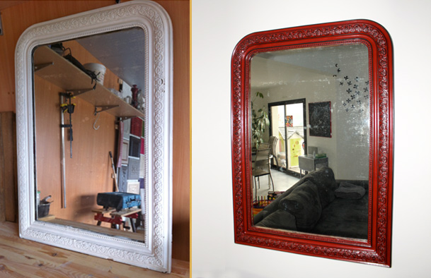 Miroir Louis Philippe rouge et noir. Patine noire