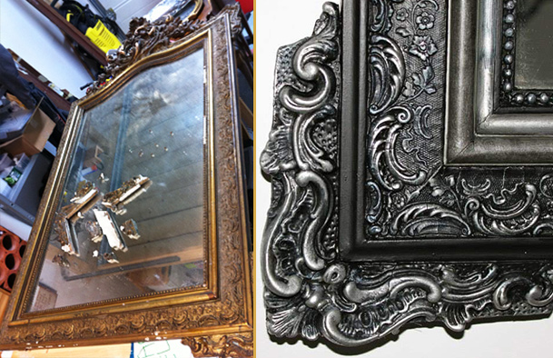 Miroir ancien. Peinture noire, moulures effet lèché gris perle et métal