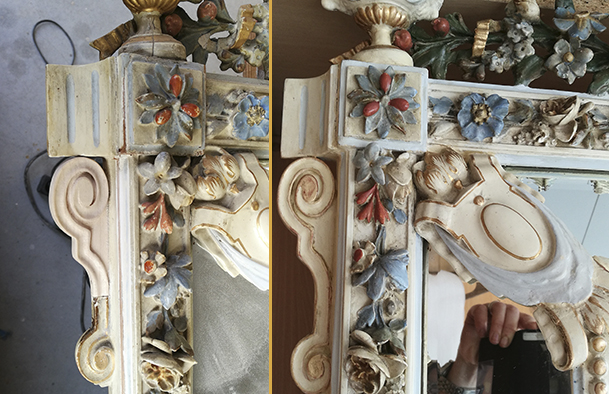 Après restauration des parties en bois par l’Atelier Clodic, pose de pâte à cadre et mise en polychromie miroir à Parecloses