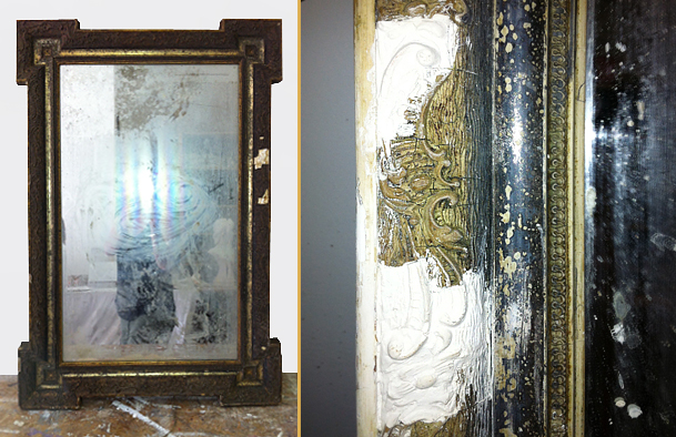 Cadre 1900. Décapage et restauration avec de la pâte à cadre (technique du XVIIIè siècle) pour les petites parties et moulages au plâtre de Paris pour les plus gros manques